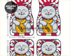 White cartoon maneki-neko cat jdm lucky car floor mats with red sunburst background and bold yellow coin design
