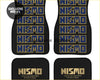 Black custom nismo car floor mats with bold blue and gold nismo logos in a repeating pattern