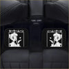Black rectangular car floor mats with white usagi tsukino line art and her name in japanese katakana for custom sailor moon fans