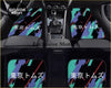 Set of four custom tokyo toms kanji car floor mats with teal and purple brushstrokes and red accents on black background