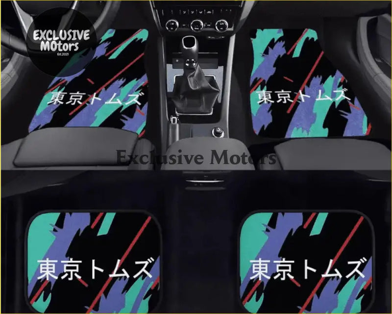 Set of four custom tokyo toms kanji car floor mats with teal and purple brushstrokes and red accents on black background