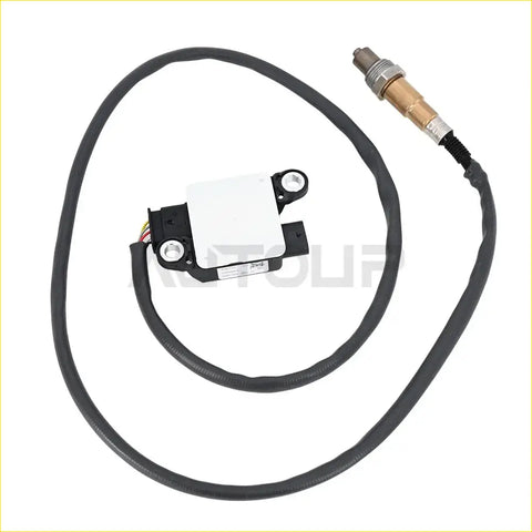 Black coiled cable diesel particulate matter module sensor with white housing and brass oxygen sensor tip for ford super duty