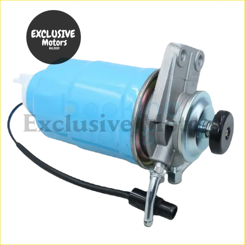 Blue cylindrical diesel prime pump oil filter with metallic housing and black hose for nissan e23 e24 d22 vanette c22 c23