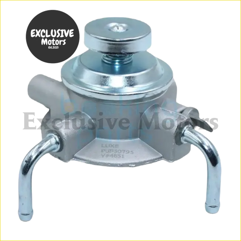 Silver metallic diesel primer pump for Toyota Hilux 1988-2004 with four bent metal tubes and central threaded cap