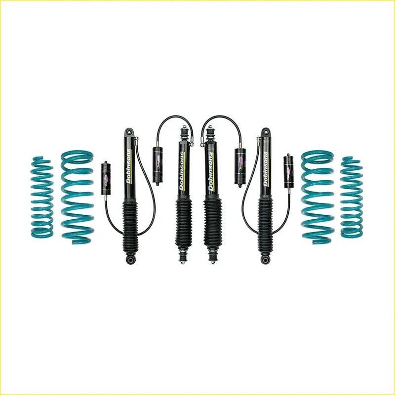 Set of four black dobinsons monotube remote reservoir shock absorbers with teal coil springs for toyota landcruiser lift kit