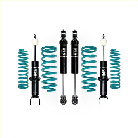 Set of four black and teal coilover suspension kits with ims branding for dodge ram 1500 ds 2018 australian rhd models