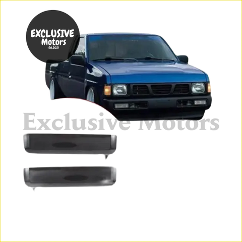 Blue nissan d21 pickup truck door handle set with black side mirror covers for 1986-1997 models shown from the back side