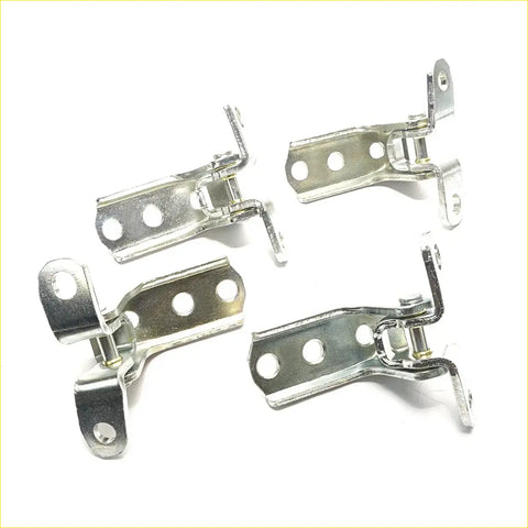 Four silver metal hinge brackets with circular holes and pivot for door hinge set mitsubishi pajero montero sport