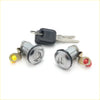 Silver door lock cylinders with black key fobs and yellow red clips for nissan sentra 1995-1999 shown from back side