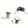Two chrome door lock cylinders with black seals and levers plus black key blanks for nissan sunny sentra nx1600 90-95
