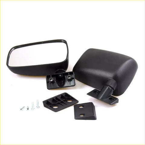 Black plastic door mirror lh with mounting brackets for mazda b-series 1985-1993 shown from the back side