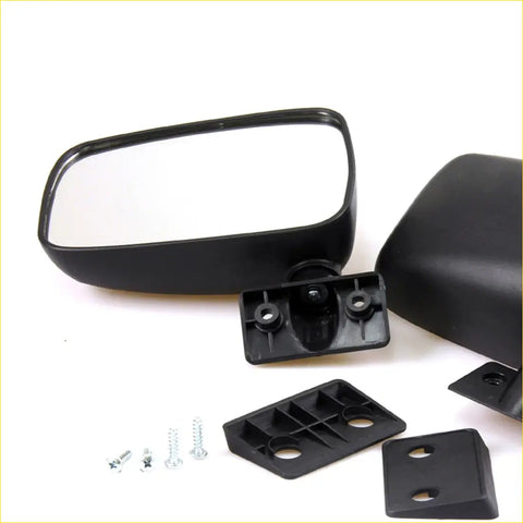 Black plastic side-view door mirror with rectangular reflective surface and mounting hardware for mazda b-series 86-93