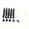 Black and translucent plastic door panel trim clips for Toyota Hilux 1979 to 1997 arranged in rows