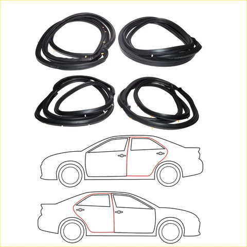 Black rubber door weatherstrip seals for nissan datsun sunny sentra b12 sedan 1987-1990 shown from the back side