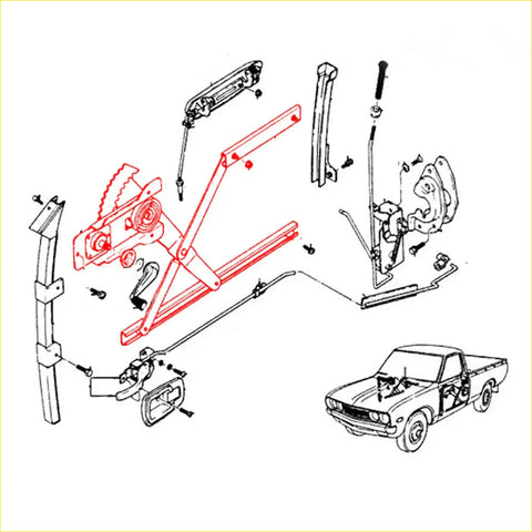 Red painted metal door window regulator assembly for classic datsun nissan 620 pickup 1972-1979 back side view