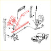 Red-painted metal door window regulator assembly for datsun nissan 620 ute 1972-1979 showing backside view