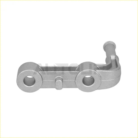 Driver side rear muffler exhaust bracket for ram 1500 made of silver metallic metal with two circular ends and curved arm showing back side