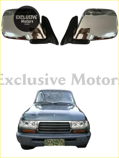 Chrome finished electric side mirror covers for toyota land cruiser lc80 fj80 1991-1997 shown from back side
