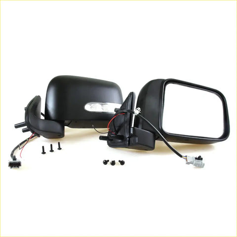 Black plastic electric door mirror with led turn signal and wiring harness for nissan d22 navara np300 shown from back side