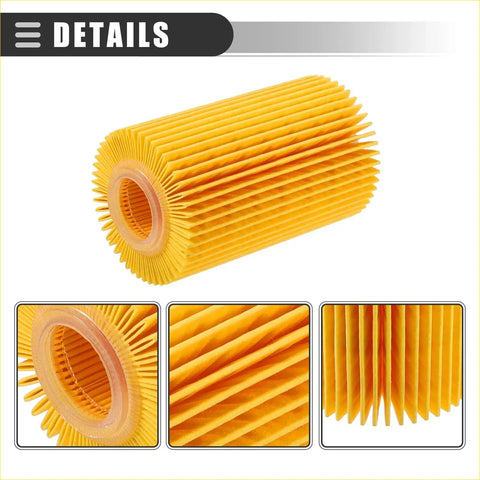 Yellow cylindrical engine oil filter with pleated paper material and translucent cap for toyota land cruiser 2008-2021