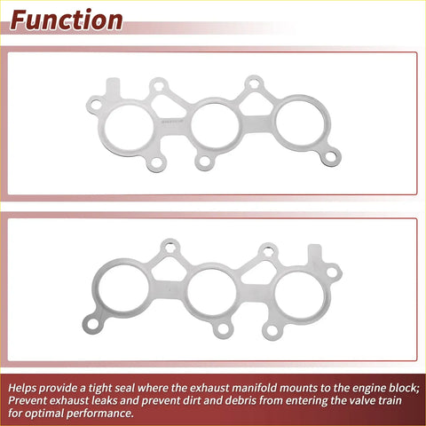 Silver metallic exhaust manifold header gasket with three circular openings and bolt holes for toyota avalon seal