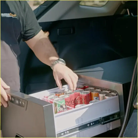 Silver framed compact family ultimate kitchen car fridge with digital display and sodas ideal for 4wd ute offroad trips