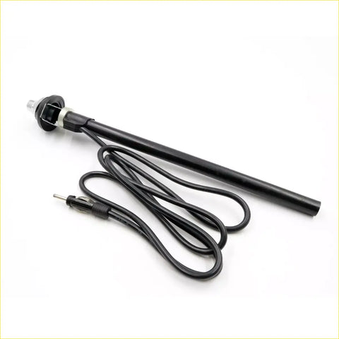 Black cylindrical fender antenna heater for mazda b series with coiled power cord and metallic connector shown from back side