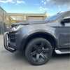 Dark gray isuzu d-max 2021-2023 with matte black 4-inch smooth style fender flare and black alloy wheels with bull bar