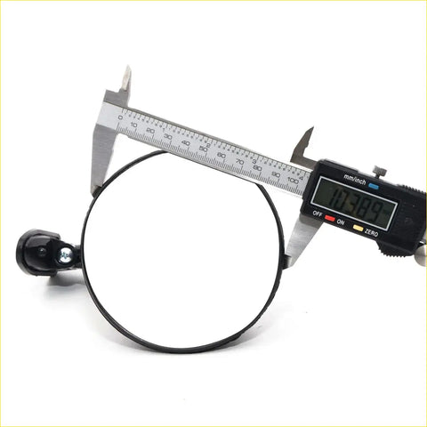 Black circular fender mirror with small handle and silver screw measured by digital caliper for nissan fairlady z