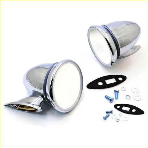Chrome-finished vintage-style fender mirror x2 with rounded design and reflective glass for Mazda RX2 RX3 RX4 RX5 Cosmo Sport