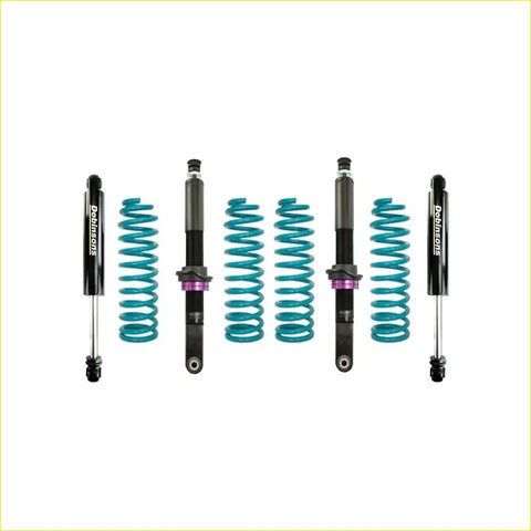 Set of four teal dobinsons ims monotube coilover suspension kits with black and purple parts for Ford Everest UA