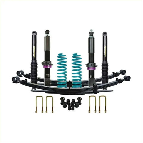 Black and teal coilover suspension kit with purple accents for ford ranger px3 dobinsons ims monotube lift back side view