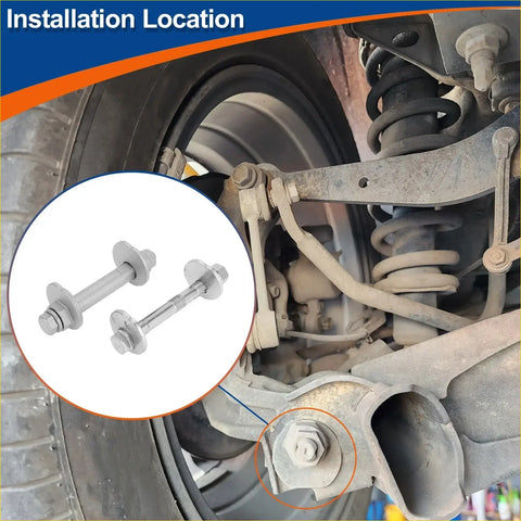 Silver metallic front camber alignment bolts with hex heads for Toyota LandCruiser 2009-2022 threaded shafts