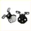 Black metal front door hinge brackets with matte finish and multiple holes for Mazda Capella 626 85-87 hatchback sedan