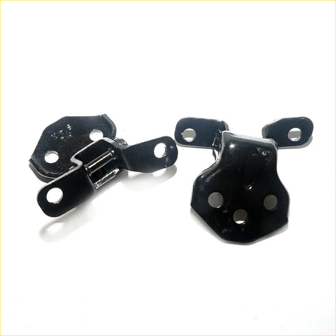 Black metal front door hinge with glossy finish and multiple mounting holes for right upper lower mazda capella 626 1985-1987