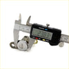 Silver metal front door lock cylinder for mitsubishi outlander airtrek being measured with digital caliper