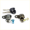Pair of black key fob keys with silver blades and front door lock cylinder for mitsubishi outlander airtrek in blue and beige