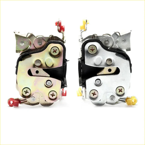 Front door lock latch for nissan datsun navara d21 showing two metal latch mechanisms with red and yellow plastic parts