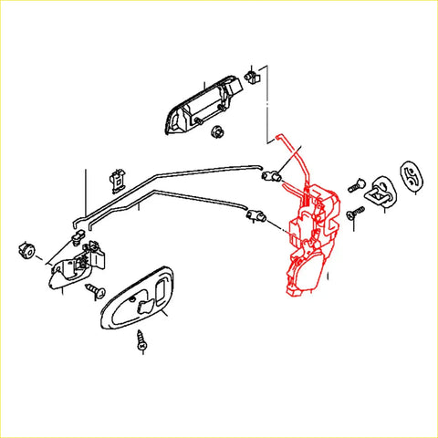 Red front door lock latch set with wiring and mounting hardware for mitsubishi triton strada l200 1996-2006 shown from back side