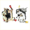 Silver and black front door lock latch set with red and yellow plastic parts for nissan navara d21 king cab 1986-1997