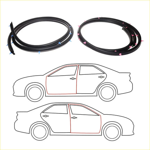 Black rubber front door weatherstrip set for Nissan Sylphy Almera Pulsar 2000-2005 with pink and blue tabs for easy install