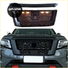 Black mesh front grill with integrated led lights and circular emblem for nissan navara np300 pro-4x 2021-2022