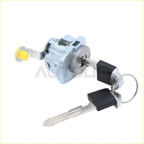 Silver metal front left door lock cylinder with yellow lever and two black key blanks for nissan altima and murano
