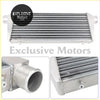 Front mount turbo intercooler in silver aluminum with finned core and bolted mounting flanges measuring 510 by 180 by 65mm