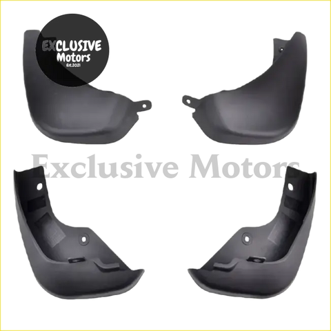 Black plastic front and rear mud flaps for Nissan Juke 2011-2014 shown from the back side