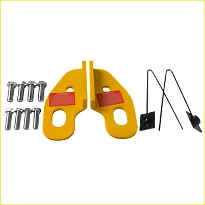 Yellow plastic door stop with red rubber pads and metal hardware from front recovery tow point kit for Nissan Patrol