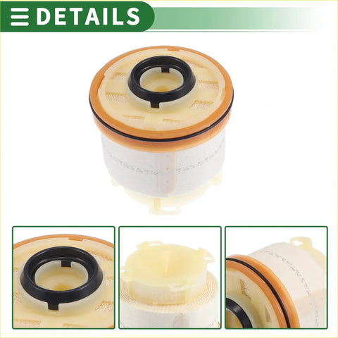 Beige and black fuel filter with a molded plastic body, orange sealing ring, and central rubber gasket.