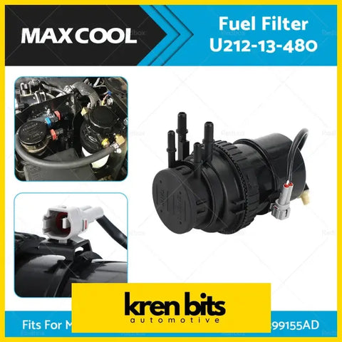 Black maxcool fuel filter u212-13-480 with cylindrical body, threaded ports, and electrical connector for mazda bt50 ford ranger