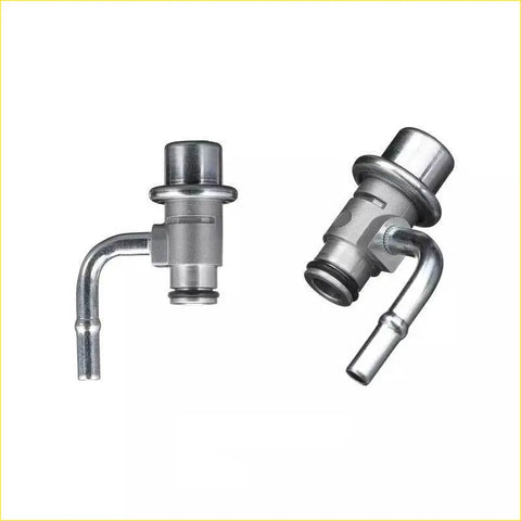 Two silver metallic fuel pressure regulators with curved pipe attachments for nissan x-trail t30 2.5l qr25de