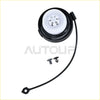 Black and white fuel tank gas cap for Nissan Armada with flexible black tether and two matching clips